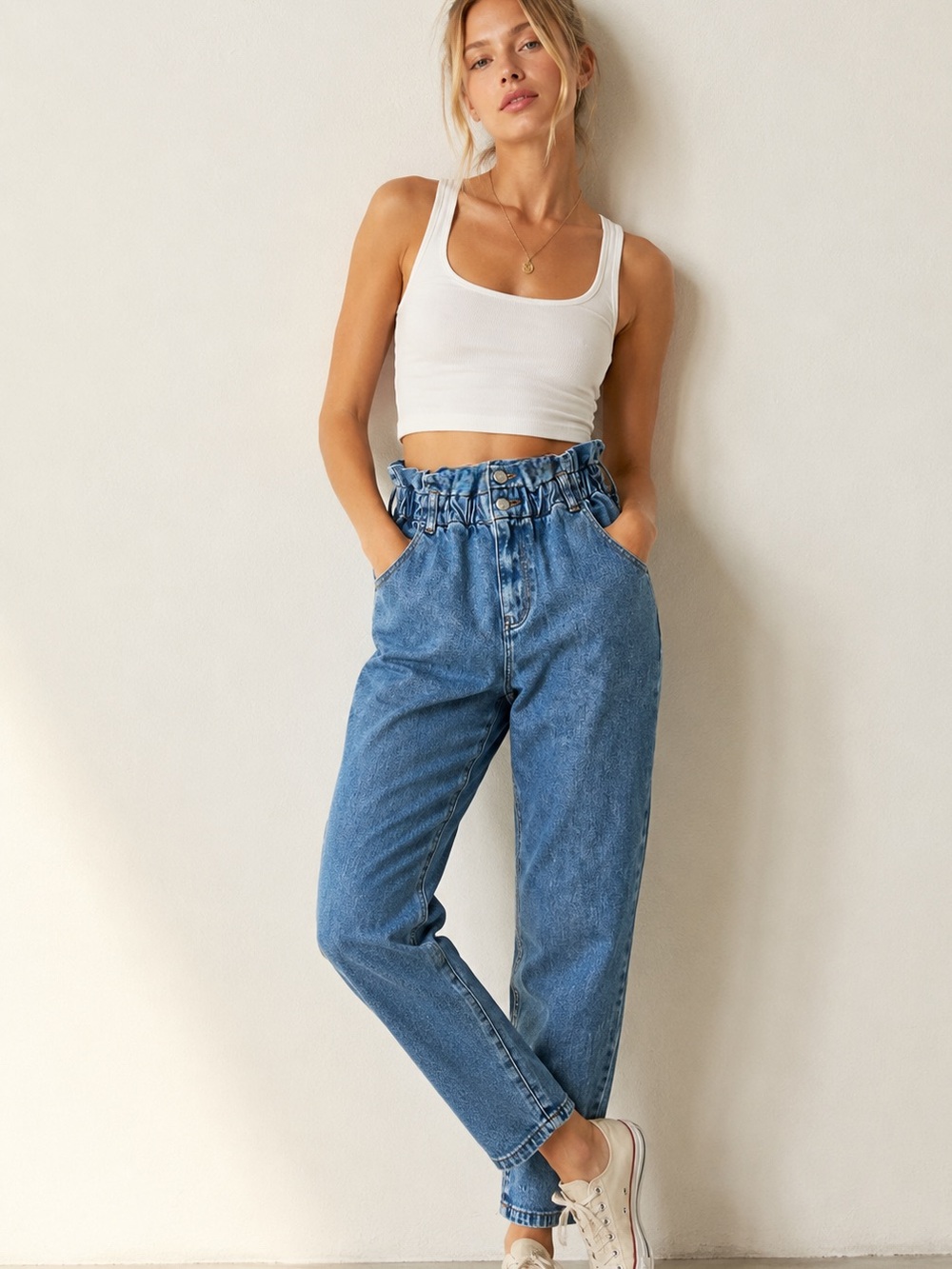 Pacsun Blue Seabreak Paperbag Stretch Waist High Waist Denim Mom Jeans Sz 28